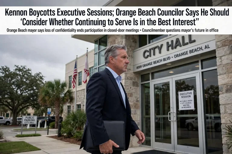 Illustration for the news story: Kennon Boycotts Executive Sessions; Orange Beach Councilor Says He Should ‘Consider Whether Continuing to Serve Is in the Best Interest’
