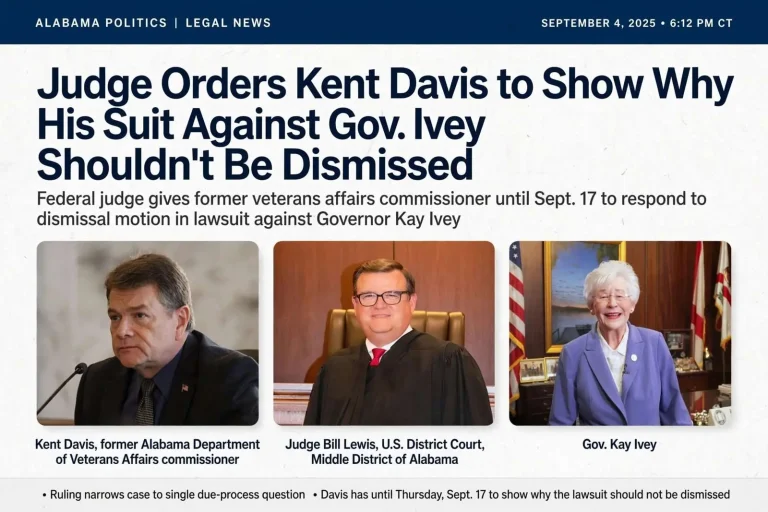 Illustration for the news story: Judge Orders Kent Davis to Show Why His Suit Against Gov. Ivey Shouldn’t Be Dismissed