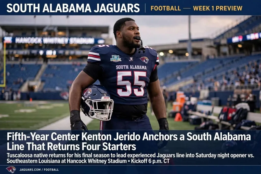 Illustration for the news story: Fifth-Year Center Kenton Jerido Anchors a South Alabama Line That Returns Four Starters