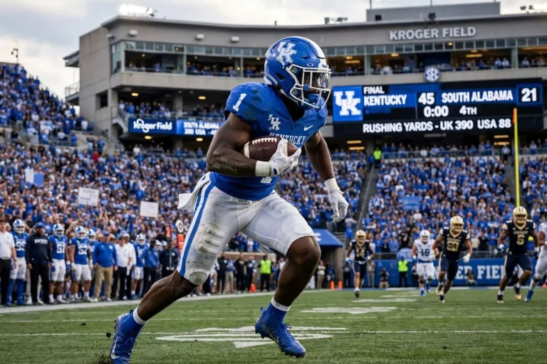 Illustration for the news story: Kentucky Rolls Up 390 Rushing Yards, Scores 31 Straight to Beat South Alabama 45-21