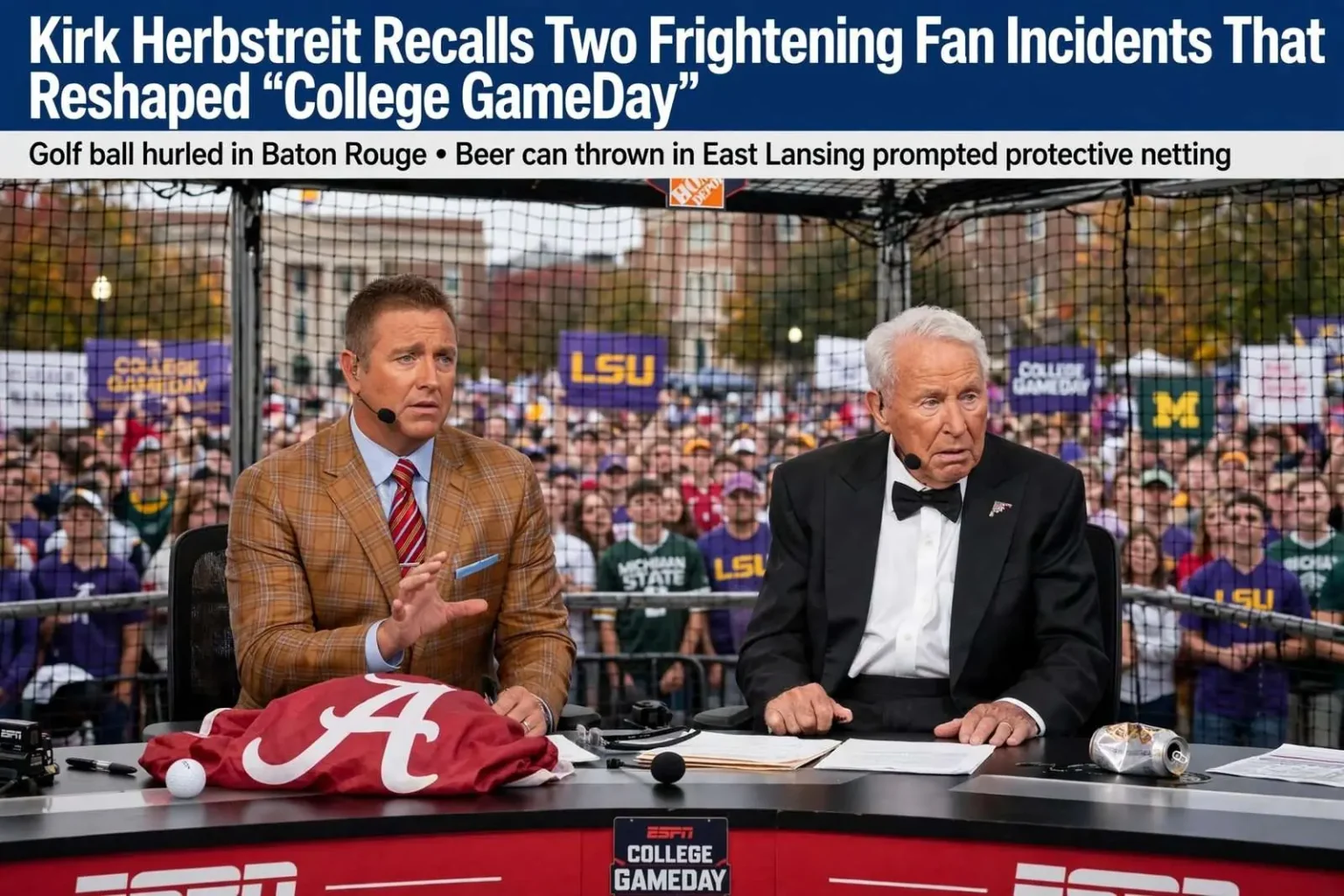 Illustration for the news story: Kirk Herbstreit Recalls Two Frightening Fan Incidents That Reshaped ‘College GameDay’