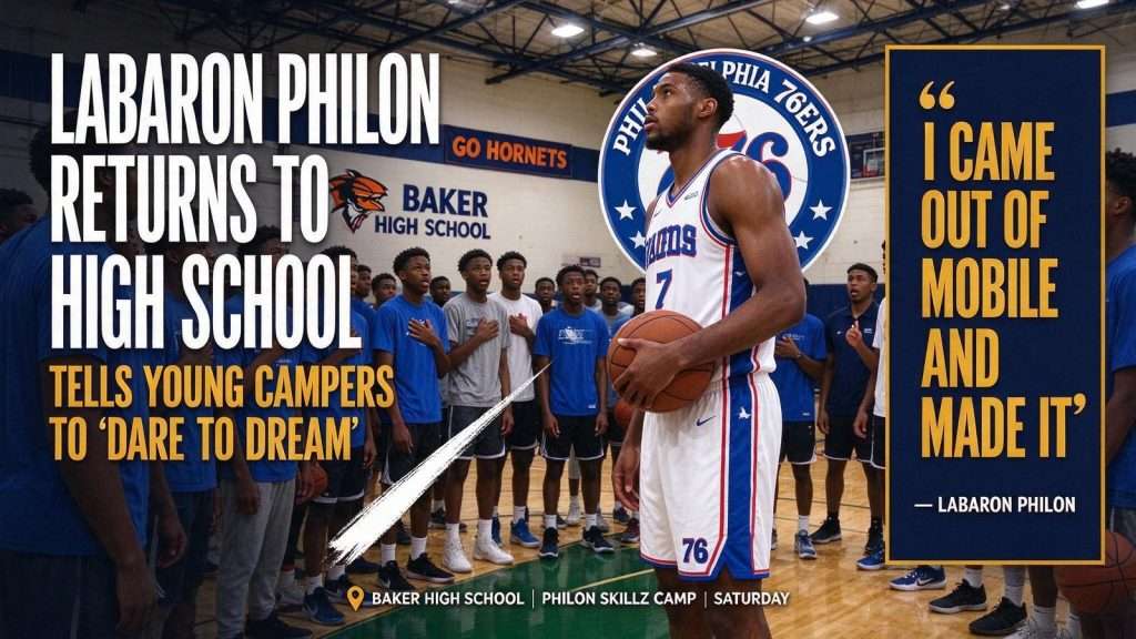 Illustration for the news story: Labaron Philon Returns to Baker High School, Tells Young Campers to ‘Dare to Dream’