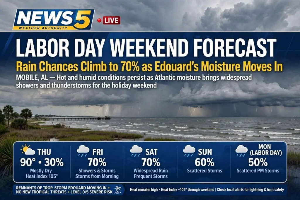 Illustration for the news story: Labor Day Weekend Forecast: Rain Chances Climb to 70% as Edouard’s Moisture Moves In