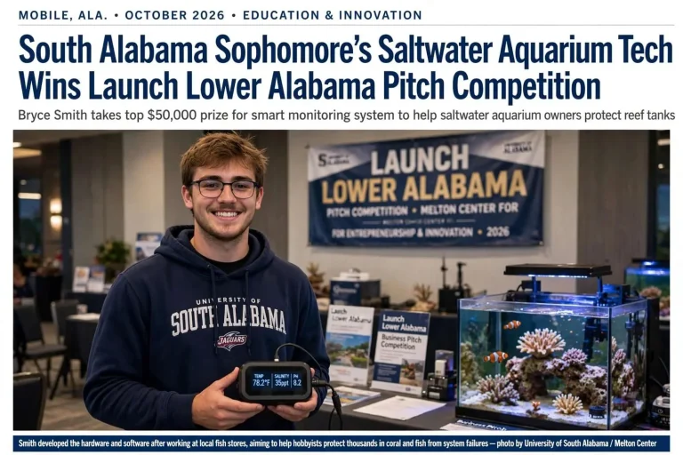 Illustration for the news story: South Alabama Sophomore’s Saltwater Aquarium Tech Wins Launch Lower Alabama Pitch Competition