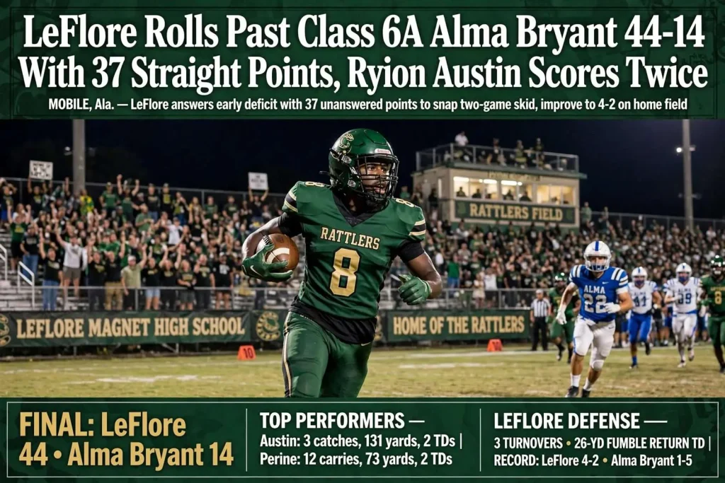 Illustration for the news story: LeFlore Rolls Past Class 6A Alma Bryant 44-14 With 37 Straight Points, Ryion Austin Scores Twice