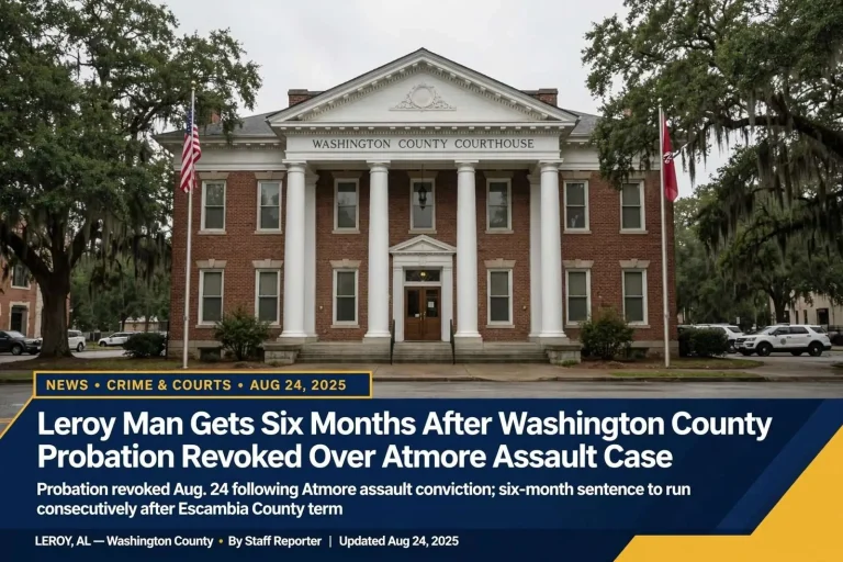 Illustration for the news story: Leroy Man Gets Six Months After Washington County Probation Revoked Over Atmore Assault Case