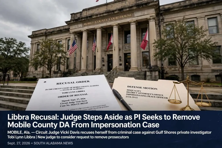 Illustration for the news story: Libbra Recusal: Judge Steps Aside as PI Seeks to Remove Mobile County DA From Impersonation Case