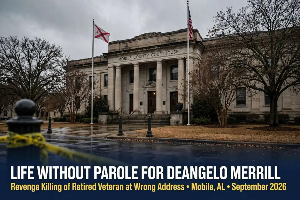 Illustration for the news story: Life Without Parole for Deangelo Merrill in Revenge Killing of Retired Veteran at Wrong Address