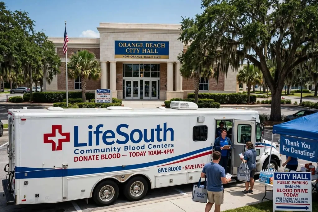 Illustration for the news story: A Bloodmobile Parks at Orange Beach City Hall Thursday, and Donors Leave With More Than a Sticker