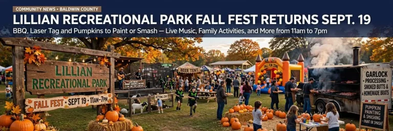 Illustration for the news story: Lillian Recreational Park Fall Fest Returns Sept. 19 With BBQ, Laser Tag and Pumpkins to Paint or Smash