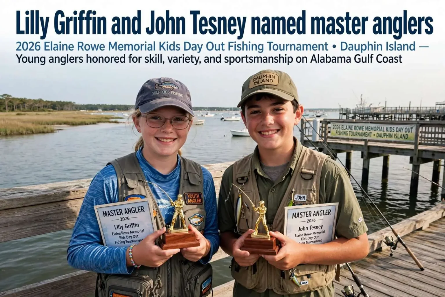 Illustration for the news story: Lilly Griffin and John Tesney named master anglers at Elaine Rowe Memorial Kids Day Out Fishing Tournament on Dauphin Island
