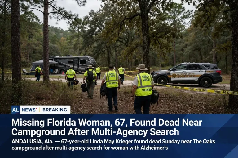 Illustration for the news story: Missing Florida Woman, 67, Found Dead Near Andalusia Campground After Multi-Agency Search