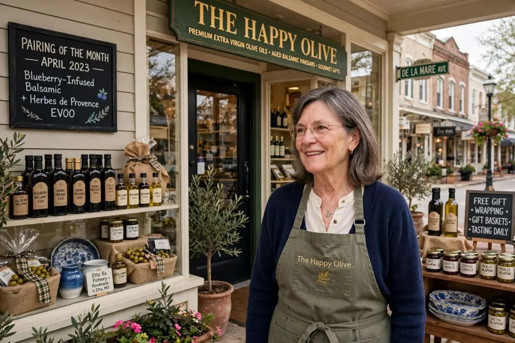 Illustration for the news story: Liquid Gold on De La Mare: How a Former Nurse Made The Happy Olive Fairhope’s Gift Stop