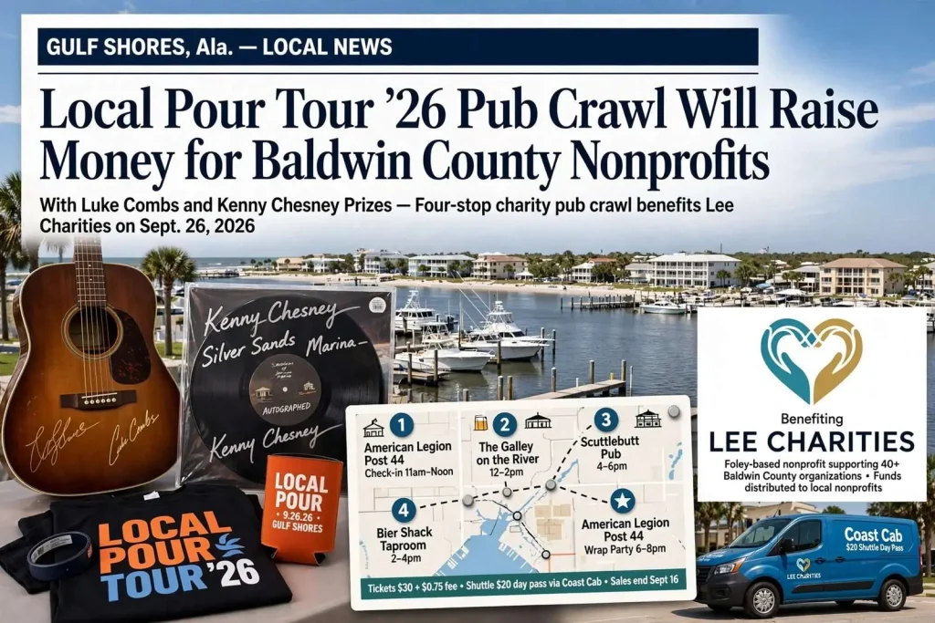 Illustration for the news story: Local Pour Tour ’26 Pub Crawl Will Raise Money for Baldwin County Nonprofits With Luke Combs and Kenny Chesney Prizes