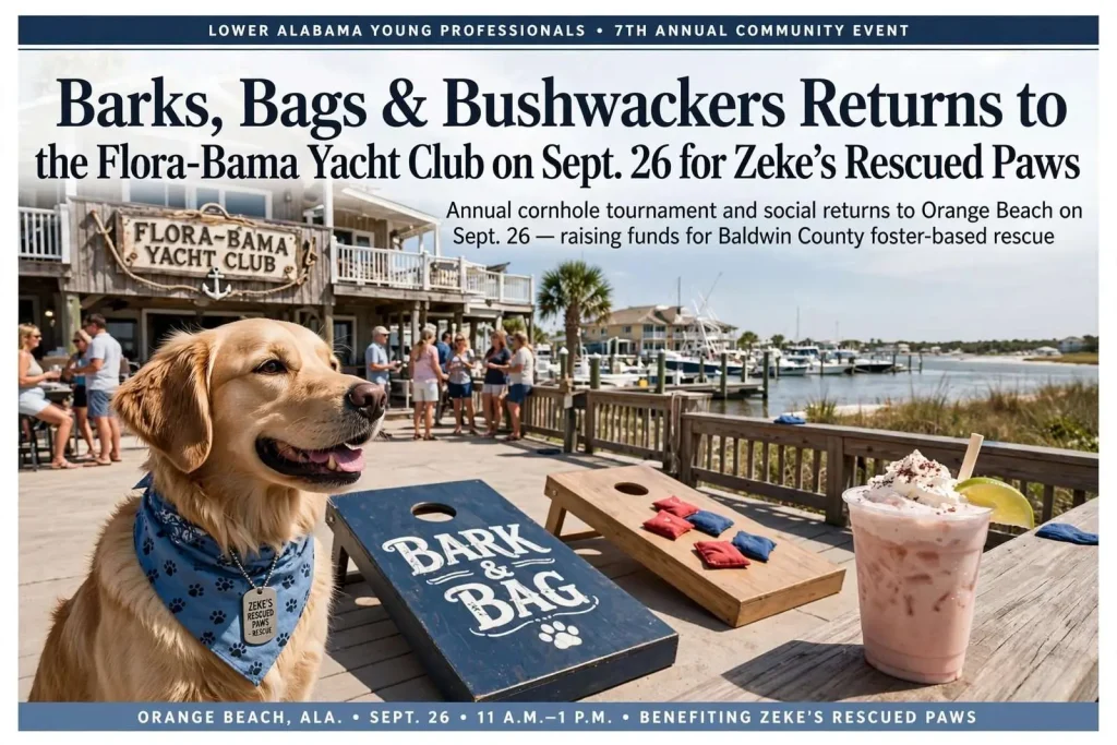 Illustration for the news story: Barks, Bags & Bushwackers Returns to the Flora-Bama Yacht Club on Sept. 26 for Zeke’s Rescued Paws