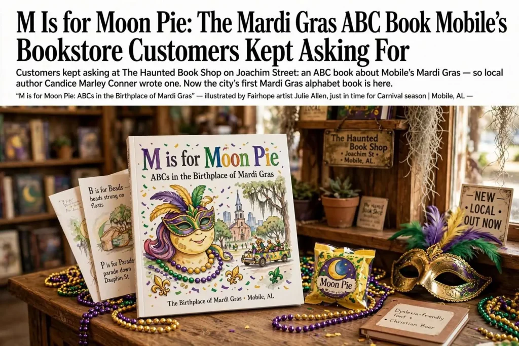 Illustration for the news story: M Is for Moon Pie: The Mardi Gras ABC Book Mobile’s Bookstore Customers Kept Asking For