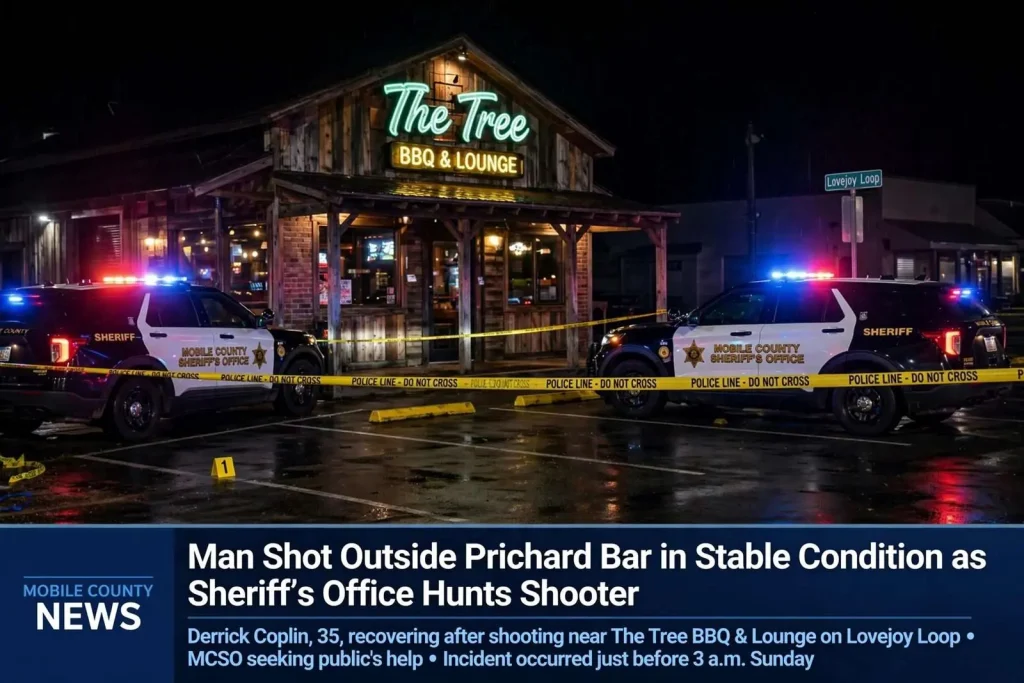 Illustration for the news story: Man Shot Outside Prichard Bar in Stable Condition as Sheriff’s Office Hunts Shooter