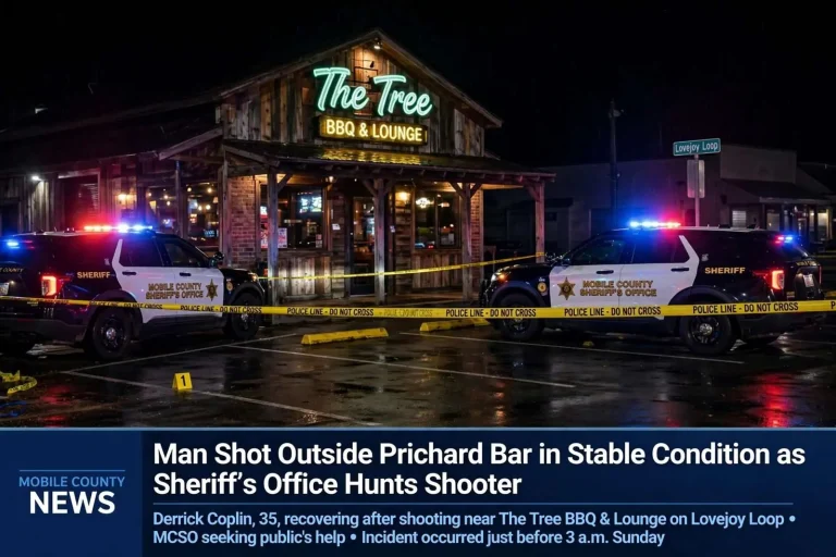 Illustration for the news story: Man Shot Outside Prichard Bar in Stable Condition as Sheriff’s Office Hunts Shooter