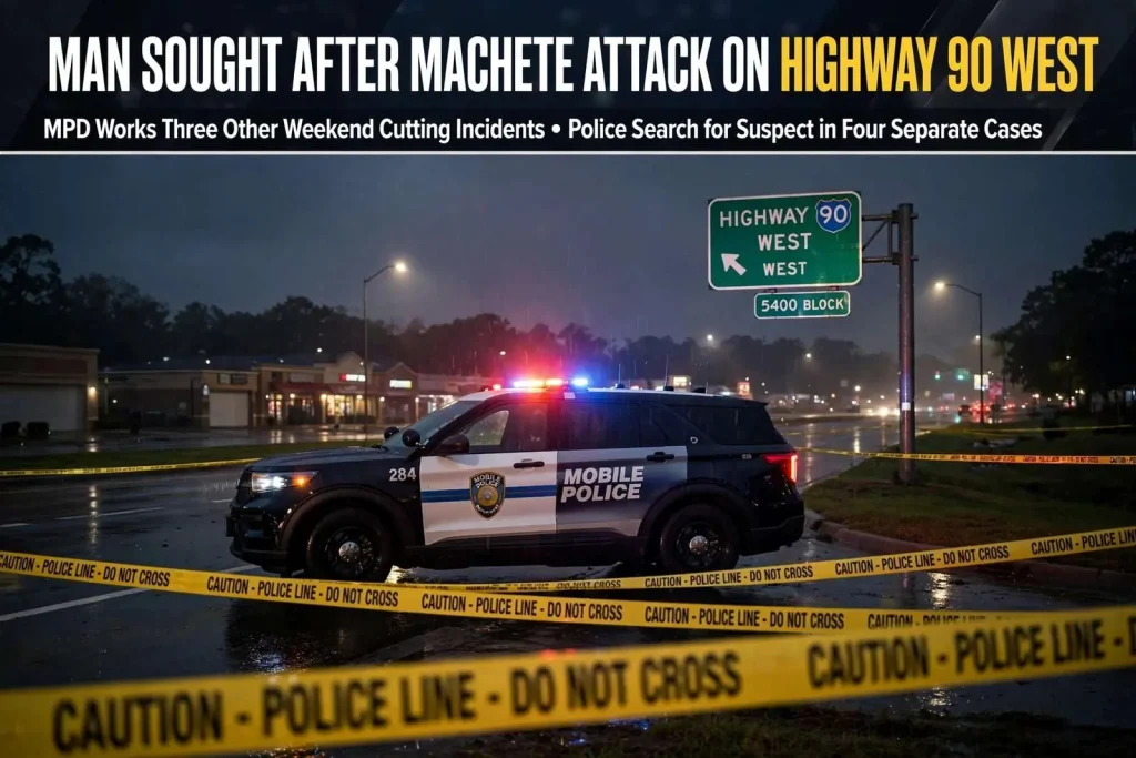 Illustration for the news story: Man Sought After Machete Attack on Highway 90 West; MPD Works Three Other Weekend Cuttings