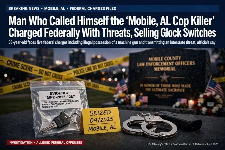 Illustration for the news story: Man Who Called Himself the ‘Mobile, AL Cop Killer’ Charged Federally With Threats, Selling Glock Switches Disguised as Keychains
