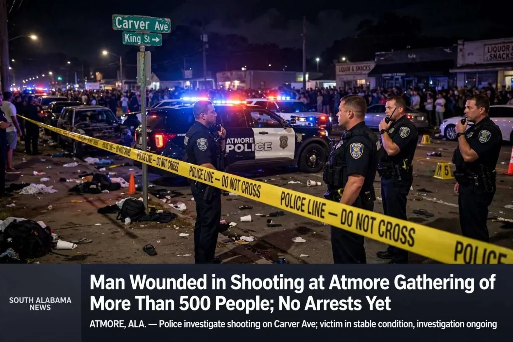 Illustration for the news story: Man Wounded in Shooting at Atmore Gathering of More Than 500 People; No Arrests Yet
