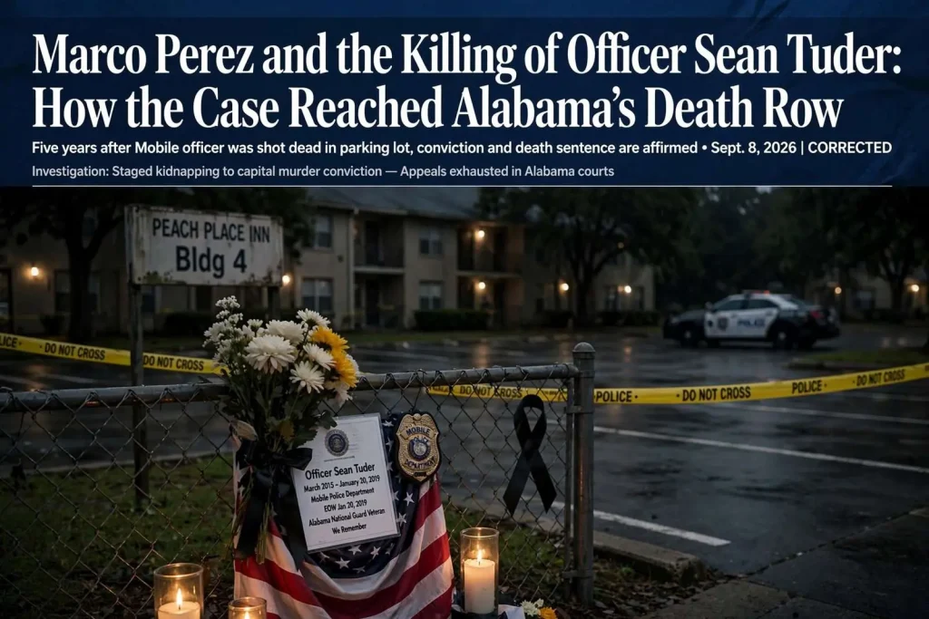 Illustration for the news story: Marco Perez and the Killing of Officer Sean Tuder: How the Case Reached Alabama’s Death Row
