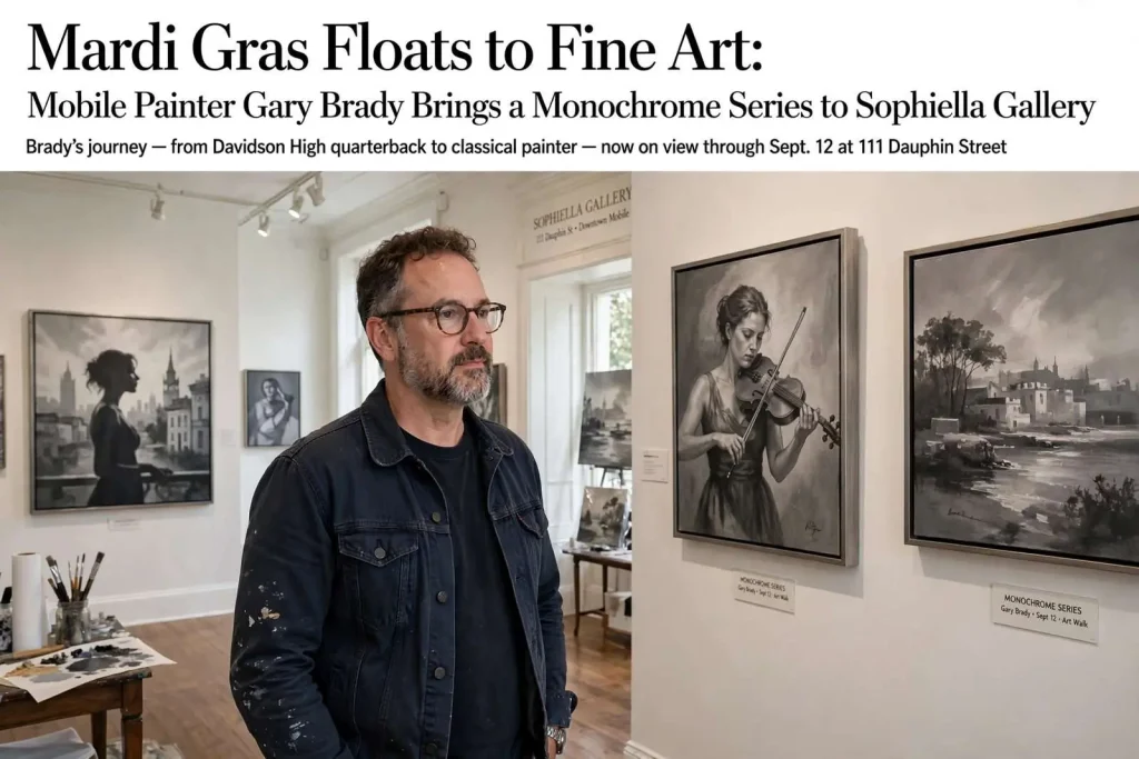 Illustration for the news story: Mardi Gras Floats to Fine Art: Mobile Painter Gary Brady Brings a Monochrome Series to Sophiella Gallery
