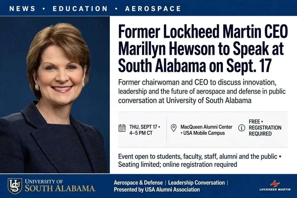 Illustration for the news story: Former Lockheed Martin CEO Marillyn Hewson to Speak at South Alabama on Sept. 17