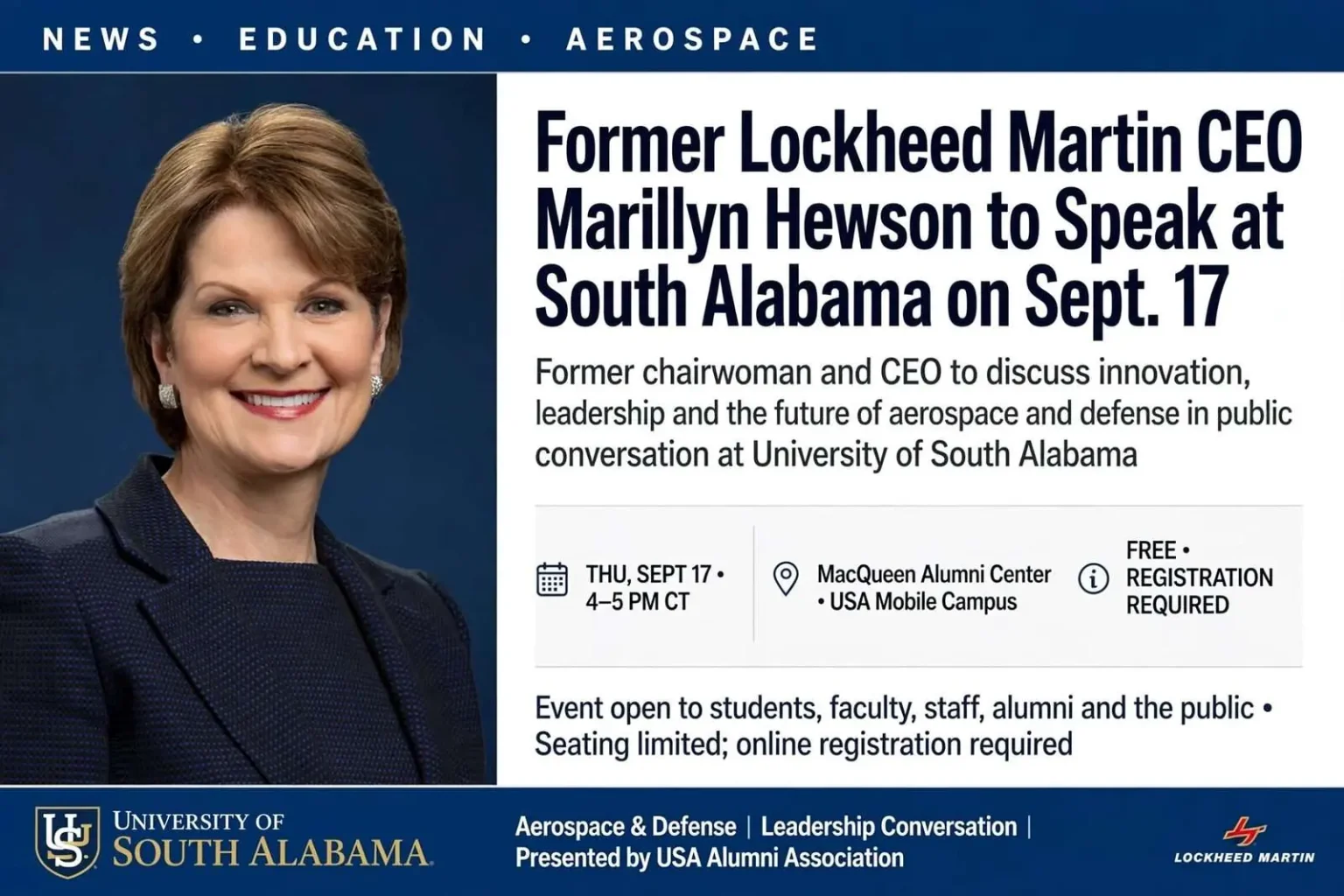 Illustration for the news story: Former Lockheed Martin CEO Marillyn Hewson to Speak at South Alabama on Sept. 17