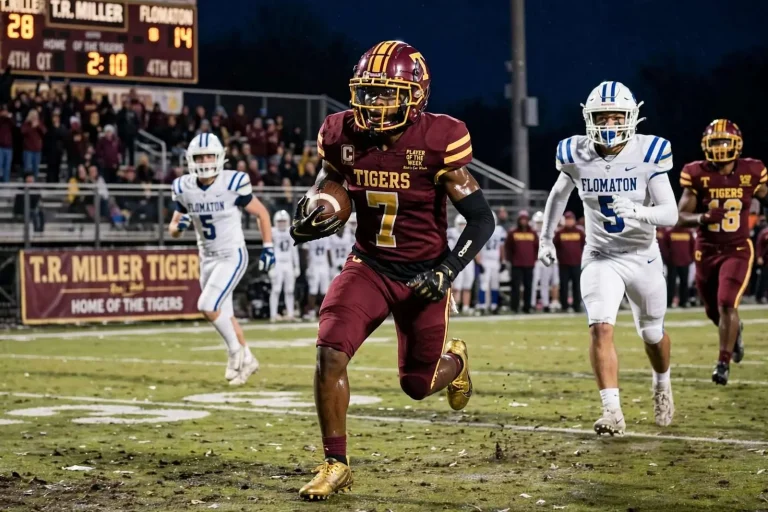 Illustration for the news story: A Touchdown, a Punt Return and an Interception: T.R. Miller’s Marquice English Does It All Against Flomaton