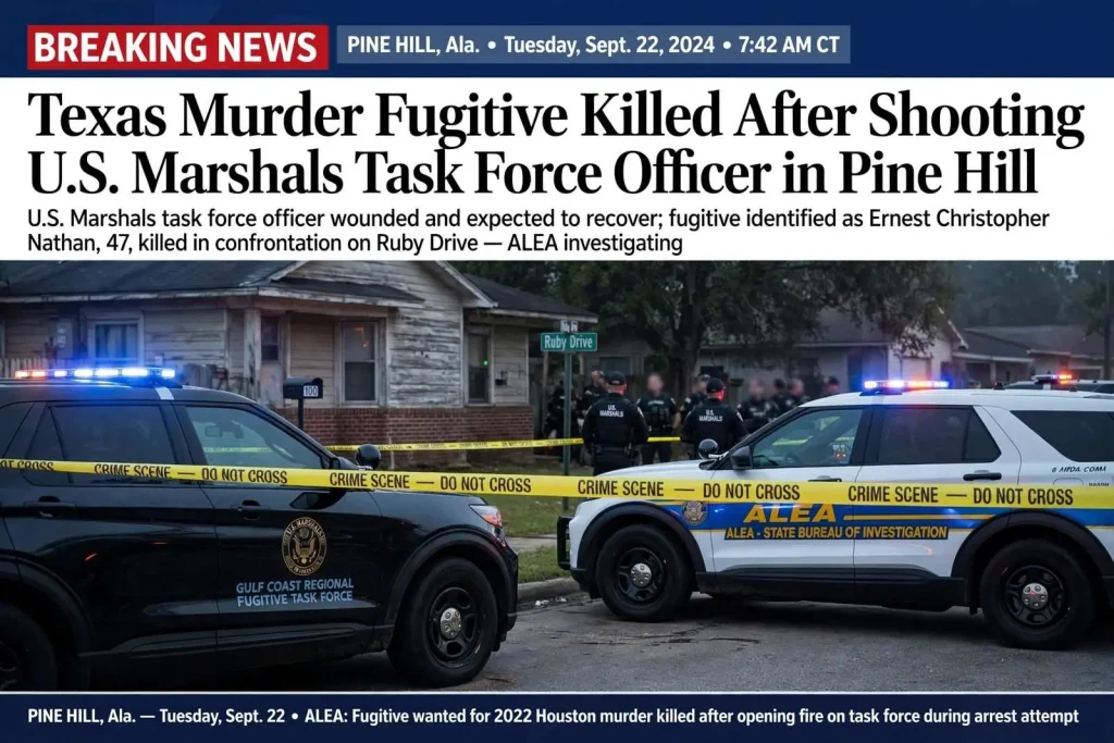 Illustration for the news story: Texas Murder Fugitive Killed After Shooting U.S. Marshals Task Force Officer in Pine Hill