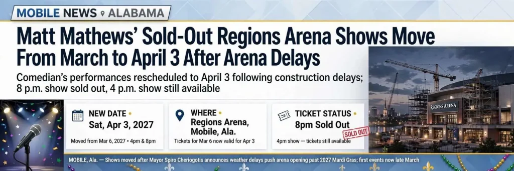 Illustration for the news story: Matt Mathews’ Sold-Out Regions Arena Shows Move From March to April 3 After Arena Delays