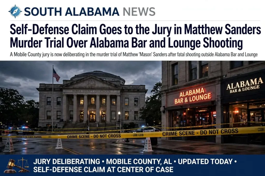 Illustration for the news story: Self-Defense Claim Goes to the Jury in Matthew Sanders Murder Trial Over Alabama Bar and Lounge Shooting