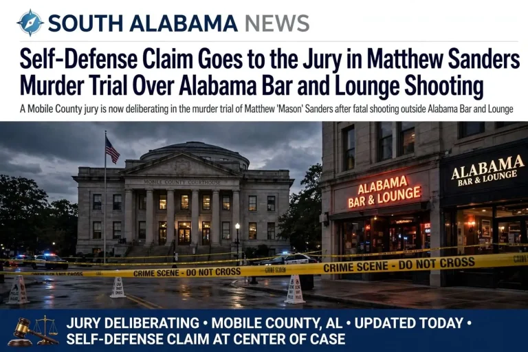 Illustration for the news story: Self-Defense Claim Goes to the Jury in Matthew Sanders Murder Trial Over Alabama Bar and Lounge Shooting