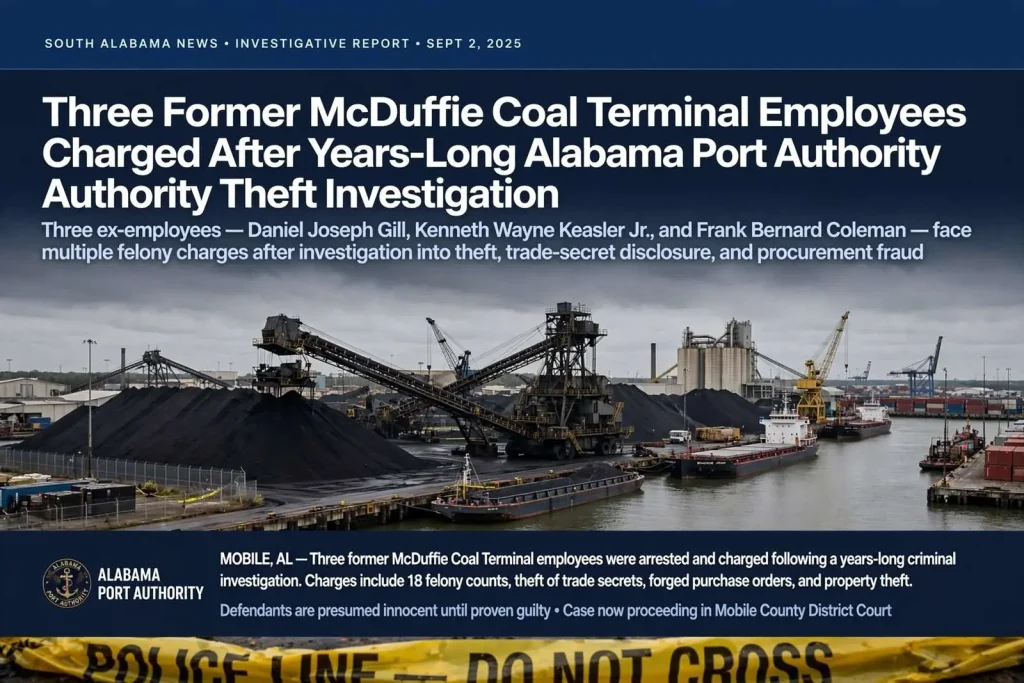Illustration for the news story: Three Former McDuffie Coal Terminal Employees Charged After Years-Long Alabama Port Authority Theft Investigation