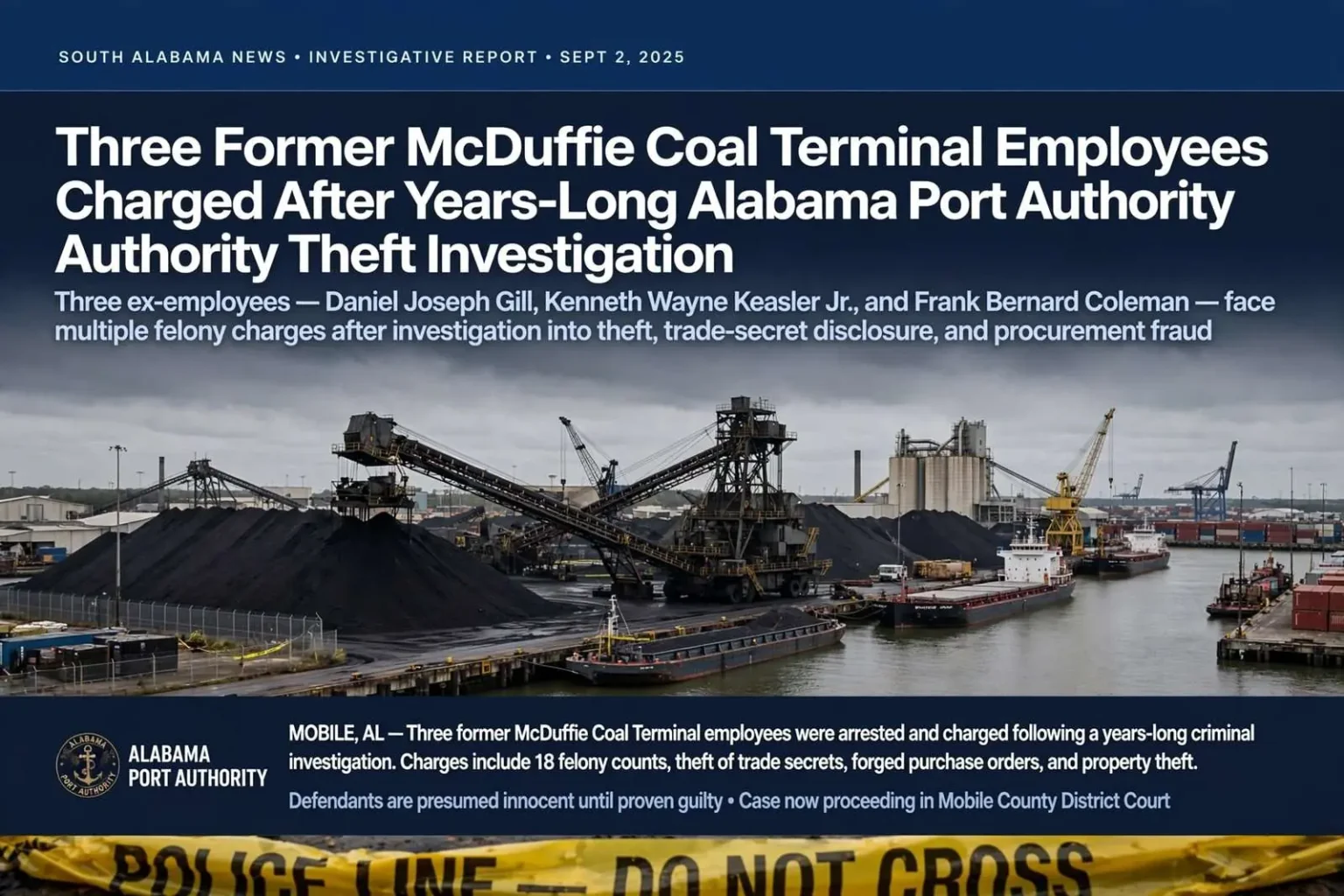 Illustration for the news story: Three Former McDuffie Coal Terminal Employees Charged After Years-Long Alabama Port Authority Theft Investigation