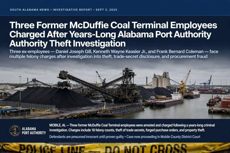 Illustration for the news story: Three Former McDuffie Coal Terminal Employees Charged After Years-Long Alabama Port Authority Theft Investigation
