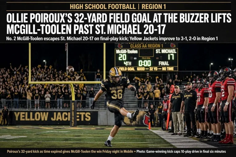 Illustration for the news story: Ollie Poiroux’s Field Goal at the Buzzer Lifts McGill-Toolen Past St. Michael 20-17