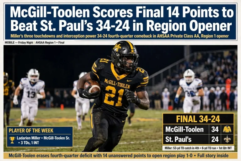 Illustration for the news story: McGill-Toolen Scores Final 14 Points to Beat St. Paul’s 34-24 in Region Opener
