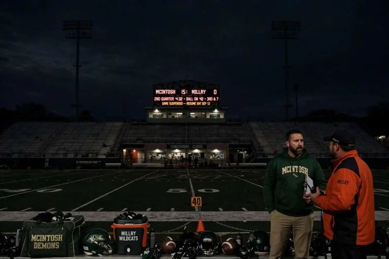 Illustration for the news story: Lights Go Out at A.D. Britton Field, Sending McIntosh-Millry to a Saturday Finish