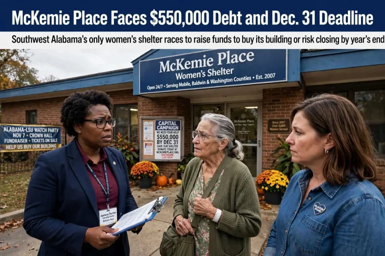 Illustration for the news story: McKemie Place, Southwest Alabama’s Only Women’s Shelter, Faces $550,000 Debt and Dec. 31 Deadline