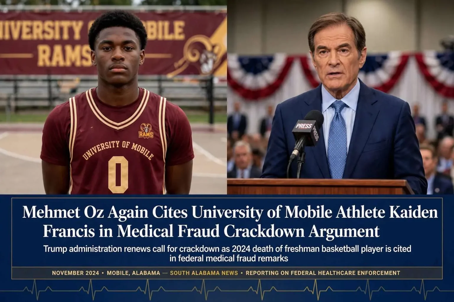 Illustration for the news story: Mehmet Oz Again Cites University of Mobile Athlete Kaiden Francis in Medical Fraud Crackdown Argument