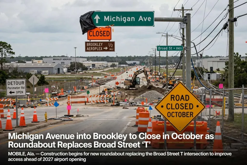 Illustration for the news story: Michigan Avenue Into Brookley Will Close in October as a Roundabout Replaces the Broad Street ‘T’