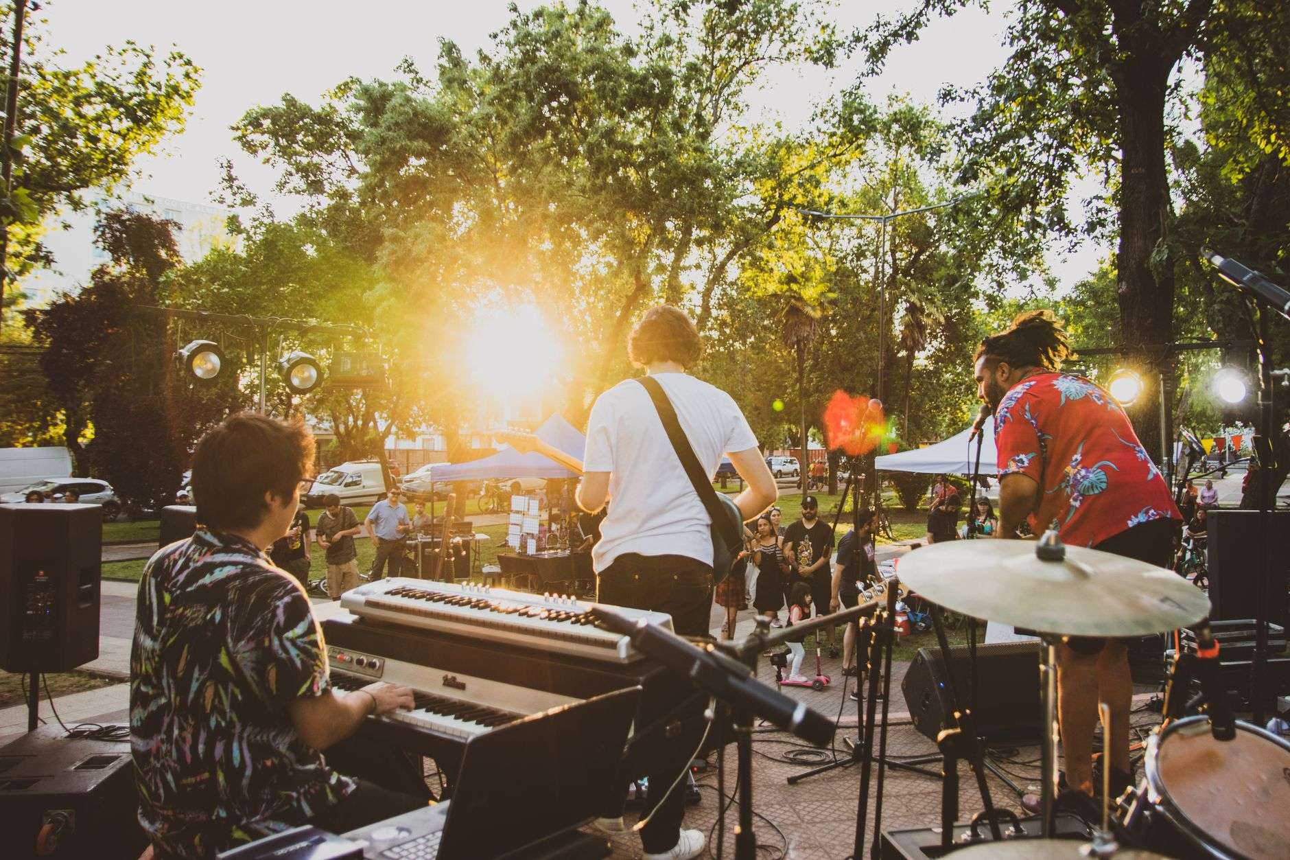 Musician performing acoustic music outdoors in a park