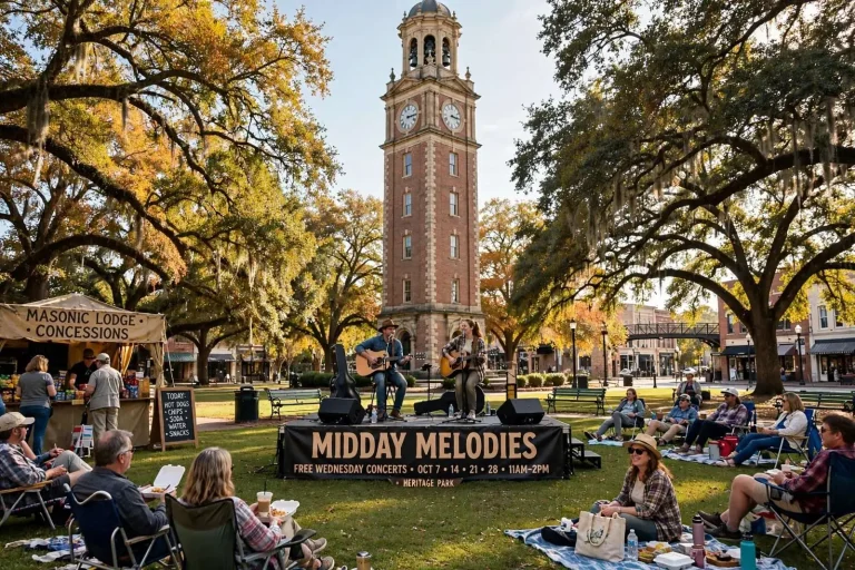 Illustration for the news story: Midday Melodies Returns to Foley’s Heritage Park With Free Wednesday Concerts All October