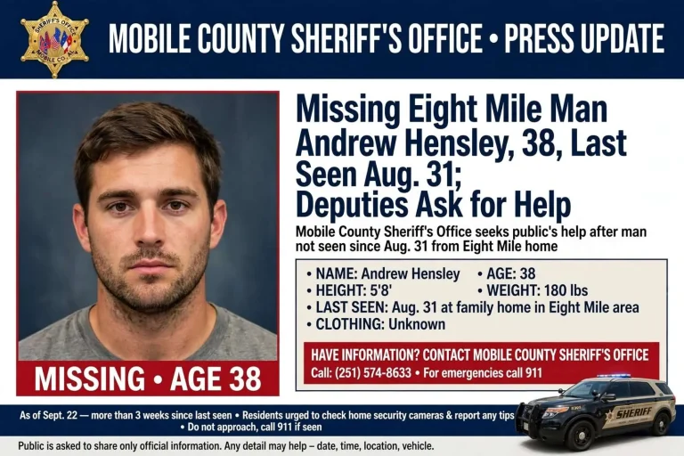 Illustration for the news story: Missing Eight Mile Man Andrew Hensley, 38, Last Seen Aug. 31; Deputies Ask for Help