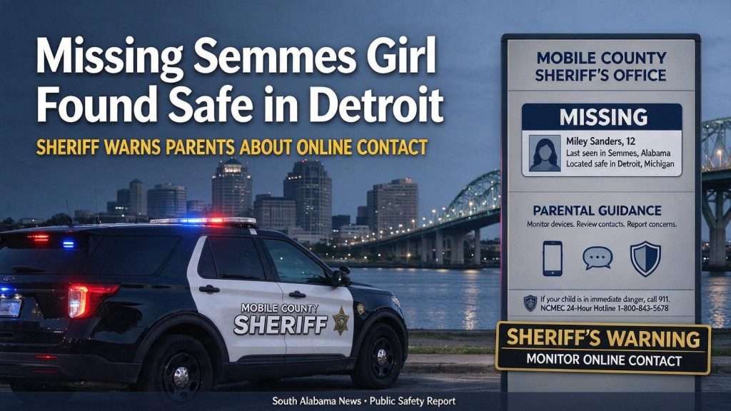 Illustration for the news story: Missing Semmes Girl Found Safe in Detroit as Sheriff Warns Parents About Online Contact