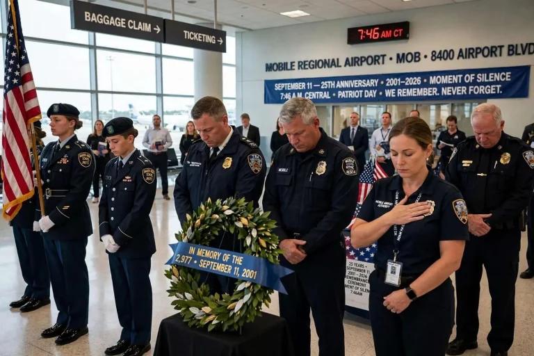 Illustration for the news story: Mobile Airport 9/11 Ceremony Marks 25 Years With a 7:46 a.m. Moment of Silence