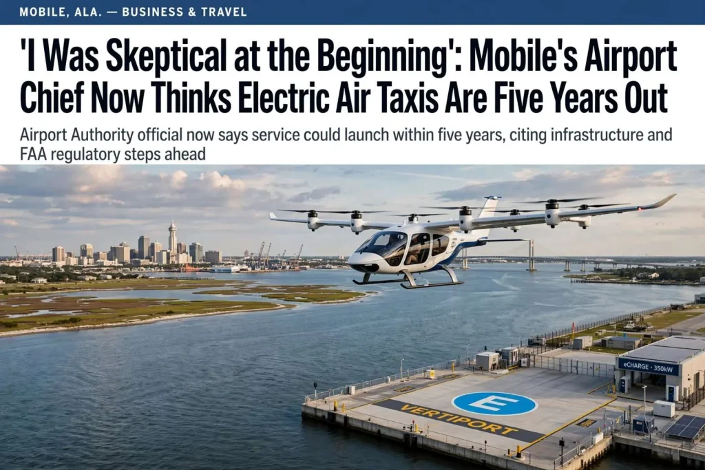 Illustration for the news story: ‘I Was Skeptical at the Beginning’: Mobile’s Airport Chief Now Thinks Electric Air Taxis Are Five Years Out