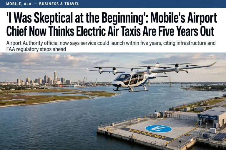 Illustration for the news story: ‘I Was Skeptical at the Beginning’: Mobile’s Airport Chief Now Thinks Electric Air Taxis Are Five Years Out